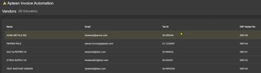 Invoice Automation Vendor List screen with the new vendor listed