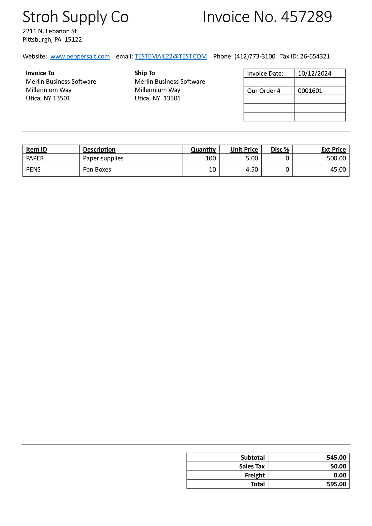The top of the invoice showing the vendor name, contact info & invoice number