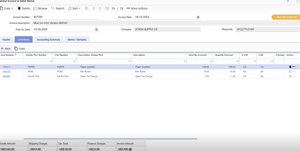 M2M APINV - Vendor Invoice & Debit Memo screen showing the processed Invoice