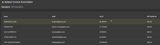 Invoice Automation Vendor List screen with the new vendor highlighted