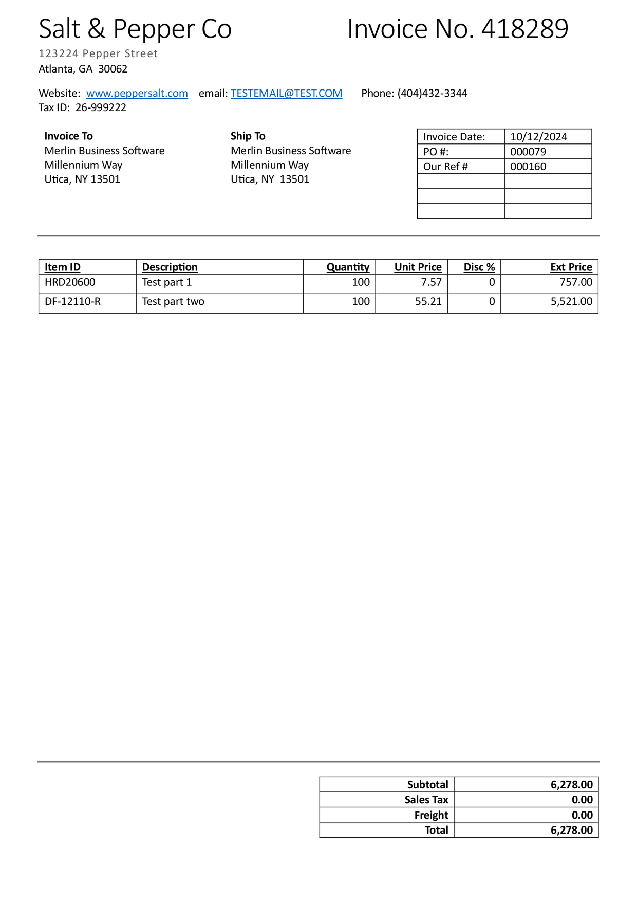 The top of the invoice showing the vendor name, contact info & invoice number