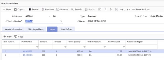 Made2Manage Purchase Order screen with the lines added & vendor selected