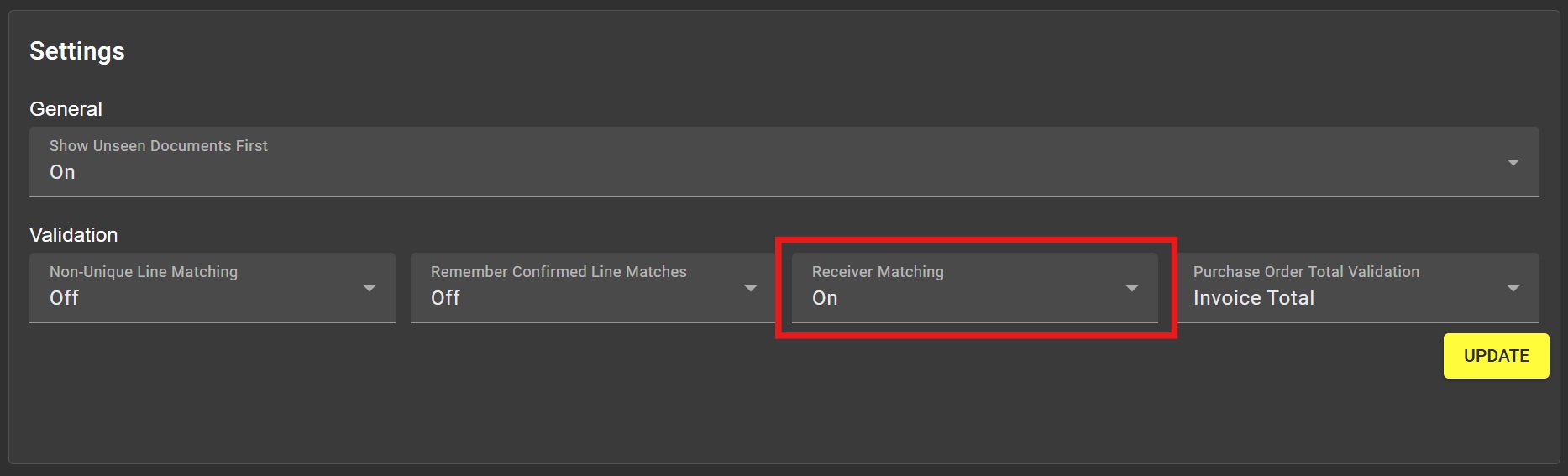 Settings Screen with Receiver Matching enabled