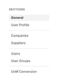 Settings sections list