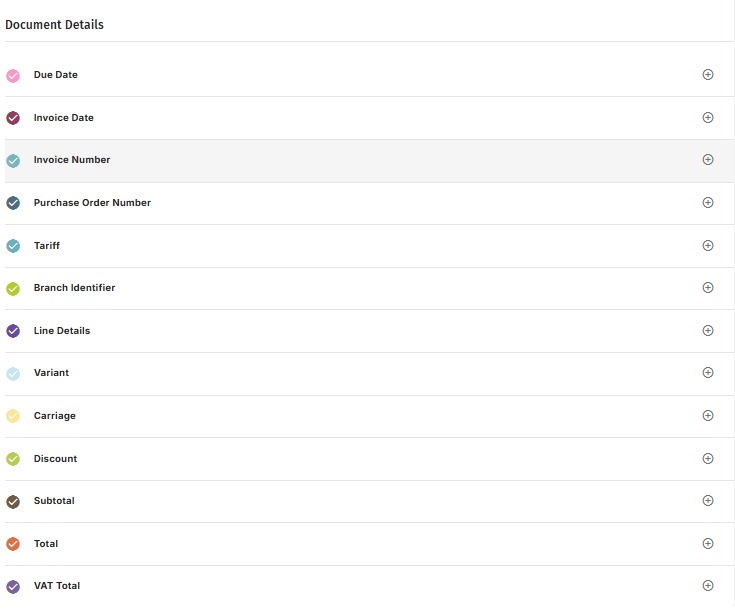 Document Details list showing the available fields to define