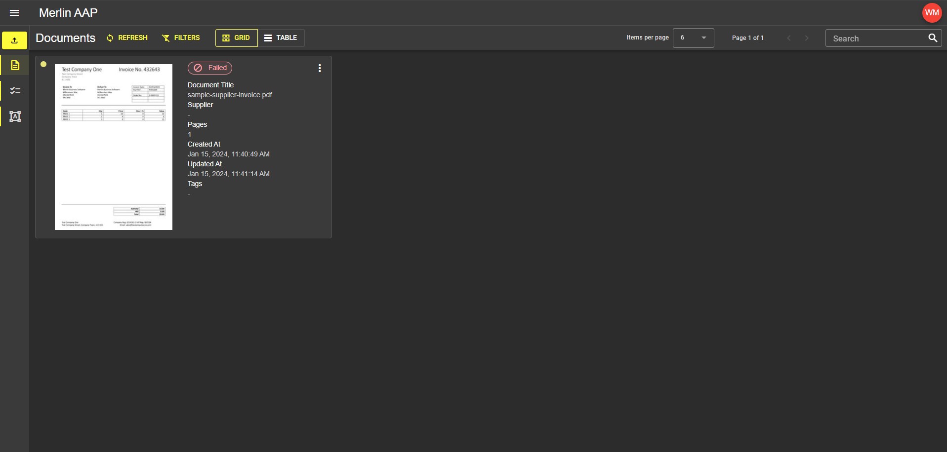 Document List View with failed document